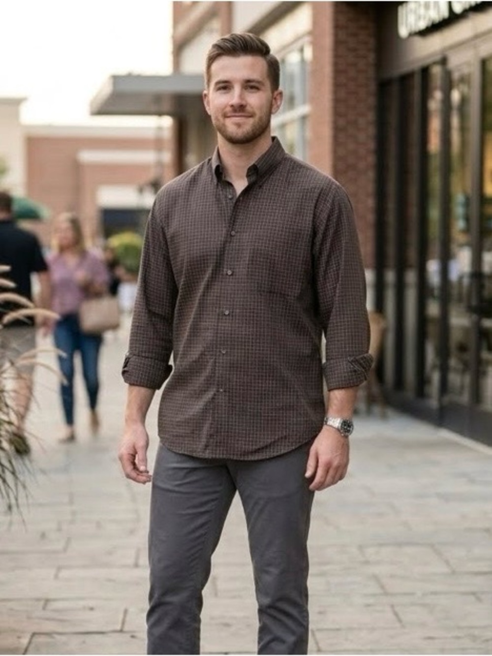 🖤Geoffrey Beene Men’s Brown Check Button-Down Shirt - Classic Casual NWT XL